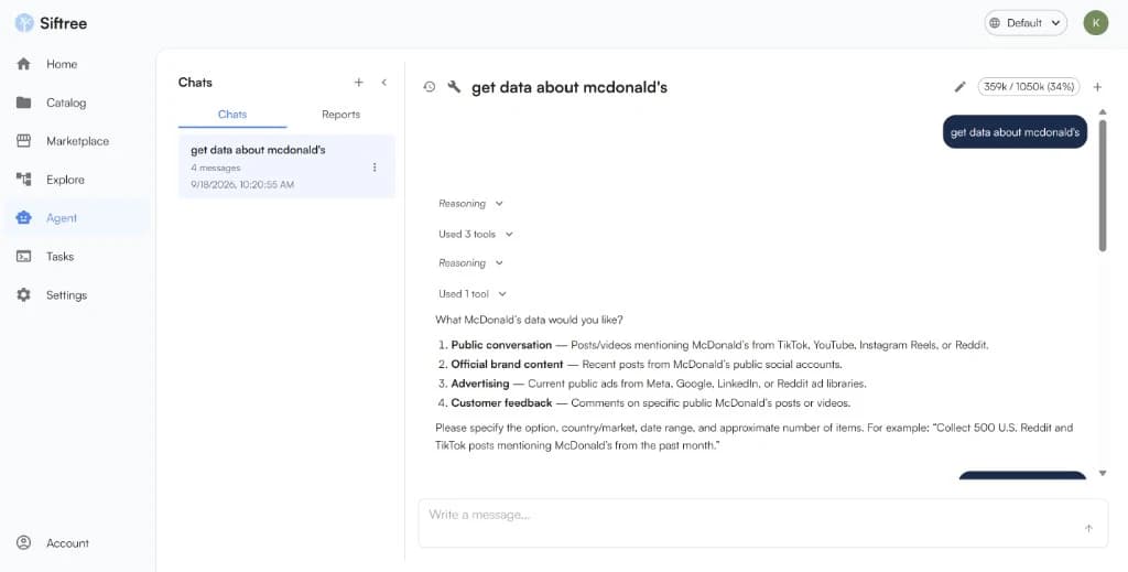 Siftree Agent chat where a request to get data about a brand is answered with options: public conversation, official brand content, advertising, or customer feedback